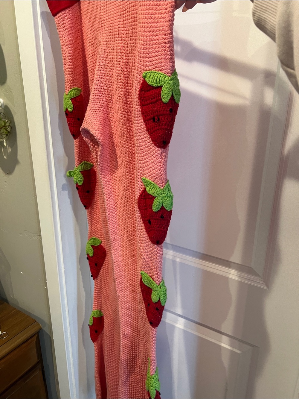 Dolls Kill Pink Knit Strawberry Flared Joggers with Red Waistband - Picture 4 of 10